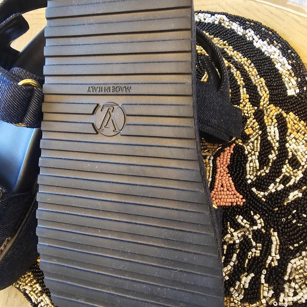 Louis Vuitton Navy Denim Logo Slide Sandals with Gold Hardware - Picture 6 of 10